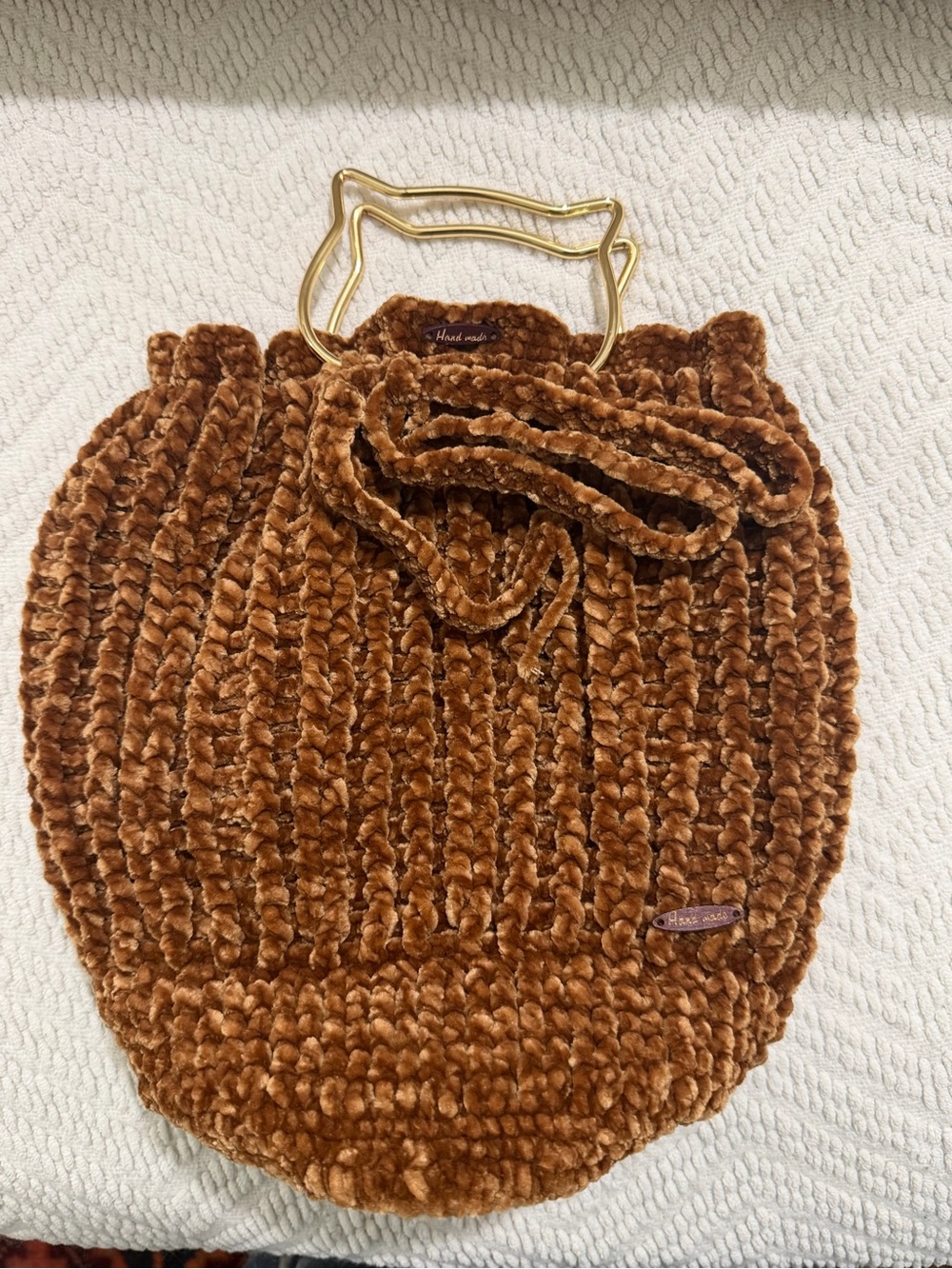 Plush handmade knit bucket bag with gold cat handles. New (please read )
